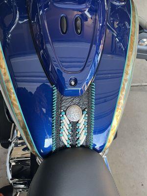 Tank after: dash removed chrome, added gold leaf & turquoise pin stripe.