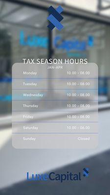 Business hours at Luxe Capital Accounting.  https://linktr.ee/luxecapitalcompany