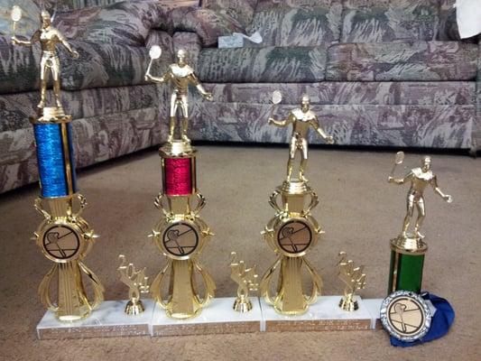 Trophies for 2014 So-Cal High School Badminton Tournament! One of the few trophies shops that have a badminton figure! :)