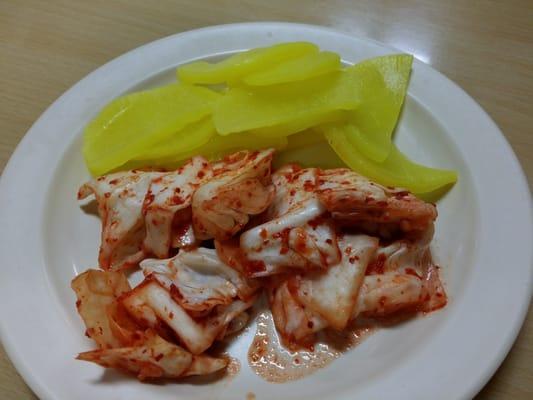 Close up of the Korean Chinese style kimchi and pickled Korean daikon.