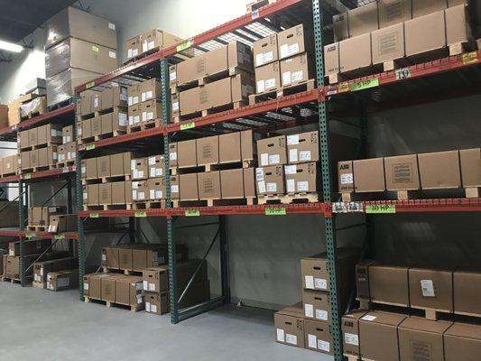 Our local warehouse stocked with VFDs ready for pickup or delivery