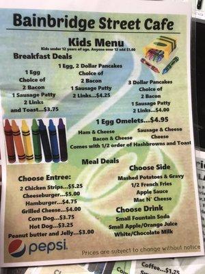 Kids menu