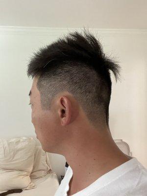 Asked for a low taper fade and got a reverse mullet of some sort. Long in the swirly area and short in the front with no taper.