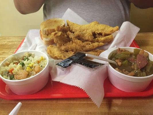 Catfish platter with fried rice and gumbo! Marvelous