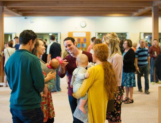 Visiting in the Commons outside the sanctuary