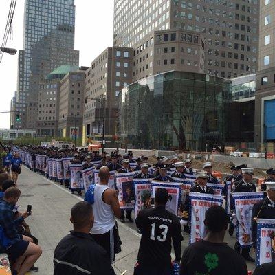 Pictures of firemen this day parade to the streets. Holding banners of the fallen heroes of 9/11.