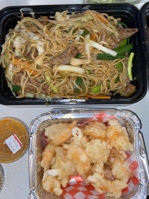 Beef Yaki Soba, Rock Shrimp