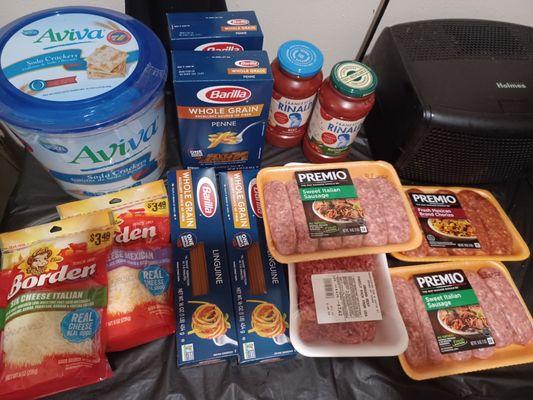 $43.38 food I just brought. Ground beef $7.42, Premier $4.99, speghetti sauce 2 for $4, pasta 2 for $3 and crackers $.599