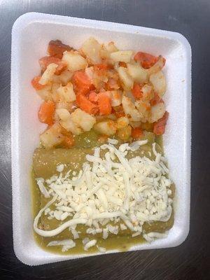 Cheese Enchiladas with green salsa and side of cooked potatoes and carrots.