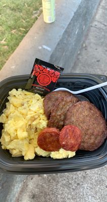 Scrambled eggs, port sausage and breakfast sausage patty