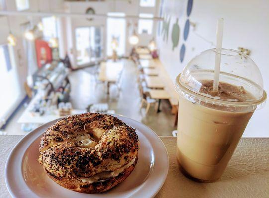 Iced Lavender Latte & Everything Bagel with Cream Cheese.