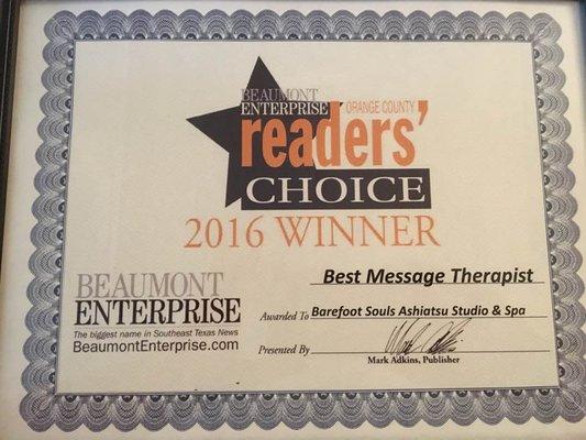 Won Best Massage Therapist 2 years in a row