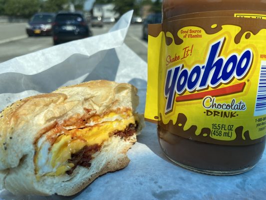 1/2 of my BECSPK (bacon, egg, cheese, salt, pepper & ketchup) on a roll with a Yoo-hoo