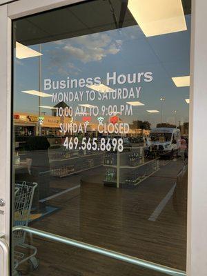 Front door and hours