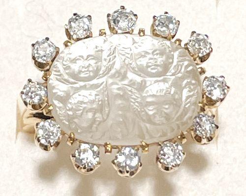 Antique Carved Moonstone & Diamond Ring