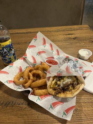 Onion rings and steak pita!! Awesome