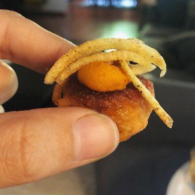 There are steak fries and shoestring fries and now these delicious little needle fries. Perfect to be atop a salmon croquette!