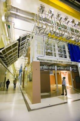 Inside one of the National Ignition Facility's two 400 foot long laser bays, each containing 96 laser beamlines.