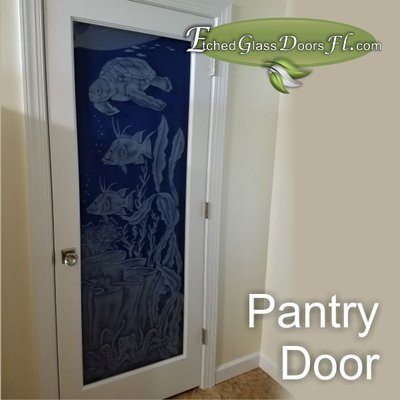 Pantry door with unique tropical design with turtle and fish