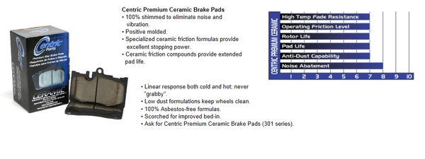 Centric 301. Premium Ceramic Brake Pads. Quiet, no/low dust, no break-in time, economically priced.