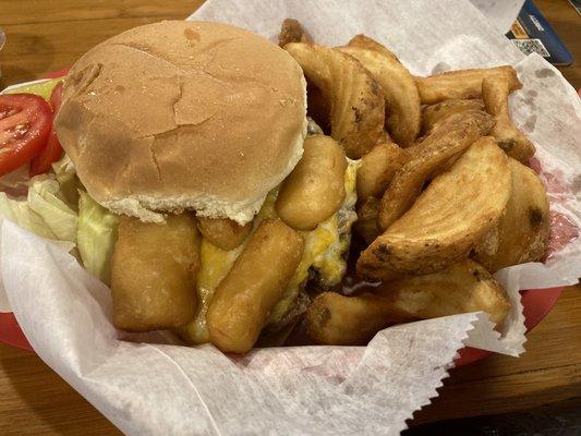 Cheeseburger with cheese curds and sidewinder fries. Delicious!!