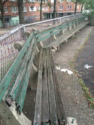 Aug. 2016.  The decaying and run-down benches in the sit-down areas in front of buildings (2324/2334/2344 Boston Road, Bx, NYC)