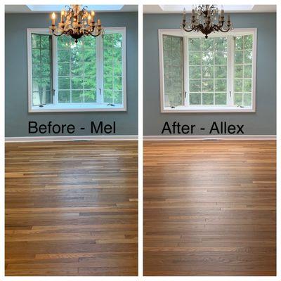 This is a before / after of the floors . When our contractor finished we just weren't satisfied so Allex put on a new coat.