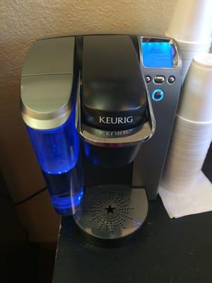 Relax while you wait and enjoy a delicious beverage with their Keurig!!