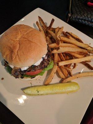 Carmelized onion burger with horseradish sauce and fresh cut fries. yummmm