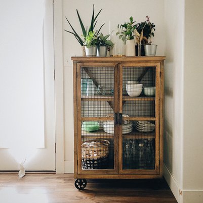 Cabinet, basket and galvanized buckets from the HobLob