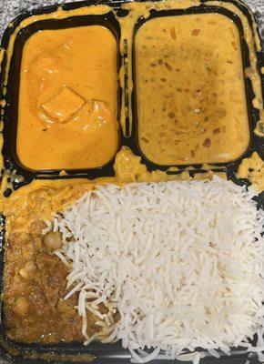 North Indian lunch Box - great portion. Rice, veggies, daal, Chana Masala. Includes 1 roti