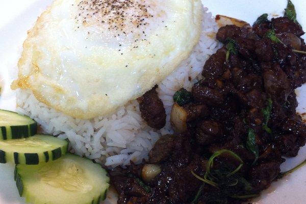 Spicy Beef with Basil served on rice with a fried egg on top... very spicy, perfect for people who like some heat!