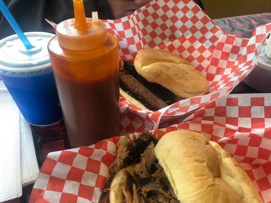 Brisket sandwich and pulled pork sandwich