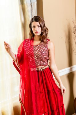 Rent Red embroidered Georgette Lehenga Choli