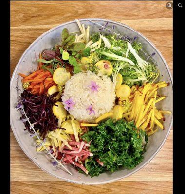 Bliss Bowl (Vegan/Raw): Turmeric, burdock root Korean Rice" and fresh, pre-marinated farmers' market seasonal, local, organic vegetables