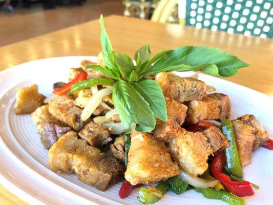 Famous Thai Chicharon: Deep Fried Pork Belly with Thai basil sauce