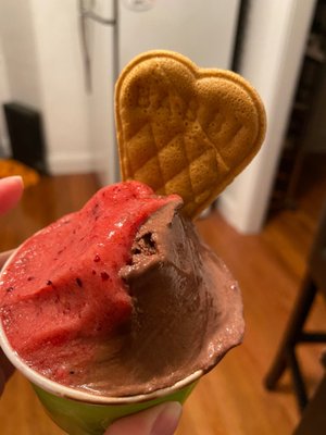 Mixed berry on the left, milk chocolate on the right, with the cute heart shaped cone!