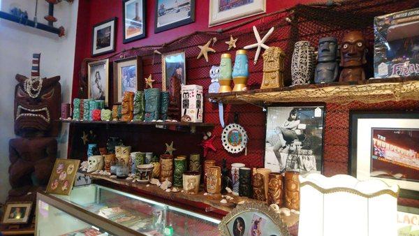 A shot of the tiki mugs on sale at Tiki Lee's.