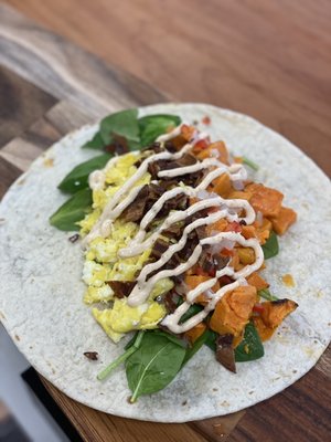 Beautiful sweet potato burrito from our breakfast menu. Served all day!