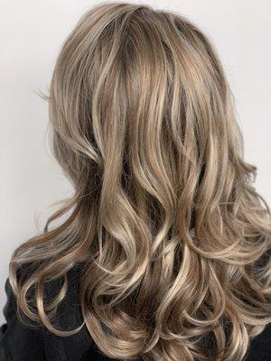 Base, Balayage and gloss.  With a long layer haircut.