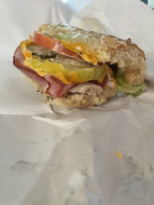 Half #8 Turkey & Ham -- sub cheddar for provolone and minus onions add banana peppers