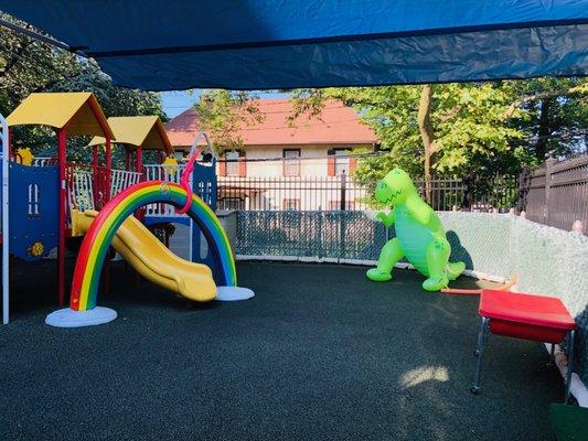 Our playground filled with sprinklers and water tables for summer fun!