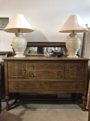 Oak credenza and table lamps