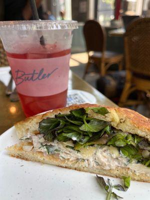 Hibiscus lemongrass iced tea and chicken salad sandwich (only half a sandwich shown, they serve you a full one!)