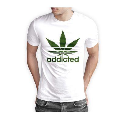 Material :60% Cotton 40% Polyester T-Shirt 
Design: Addicted 
Color : White 
Sizes: M to XXXL