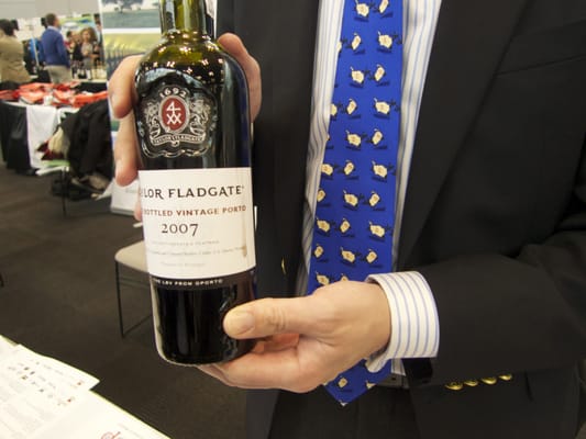 Robert's sheep patterned tie has the label of Taylor Fladgate Port Wine on it. Tres chic.