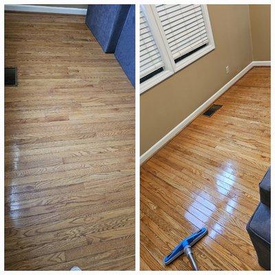 A nice before and after of a hardwood floor clean.