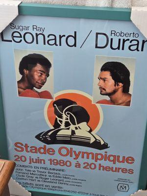 French fight poster (Leonard-Duran #1, @ Montreal 1980). 24×16.5". Silhouetted with a turquoise wood frame @ Procyon Gallery, Vallejo, CA.