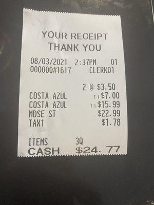 Our receipt for the service and food we had.