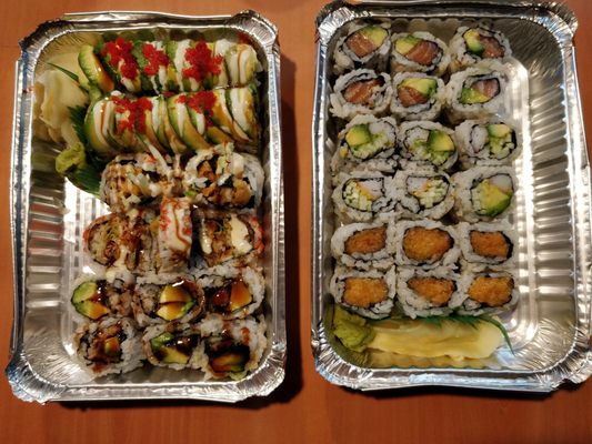 Left (top to bottom): Dragon Roll, Spider Roll, Eel Avo Roll - Right (T to B): Salmon Avo Roll, California, Spicy crunch salmon roll